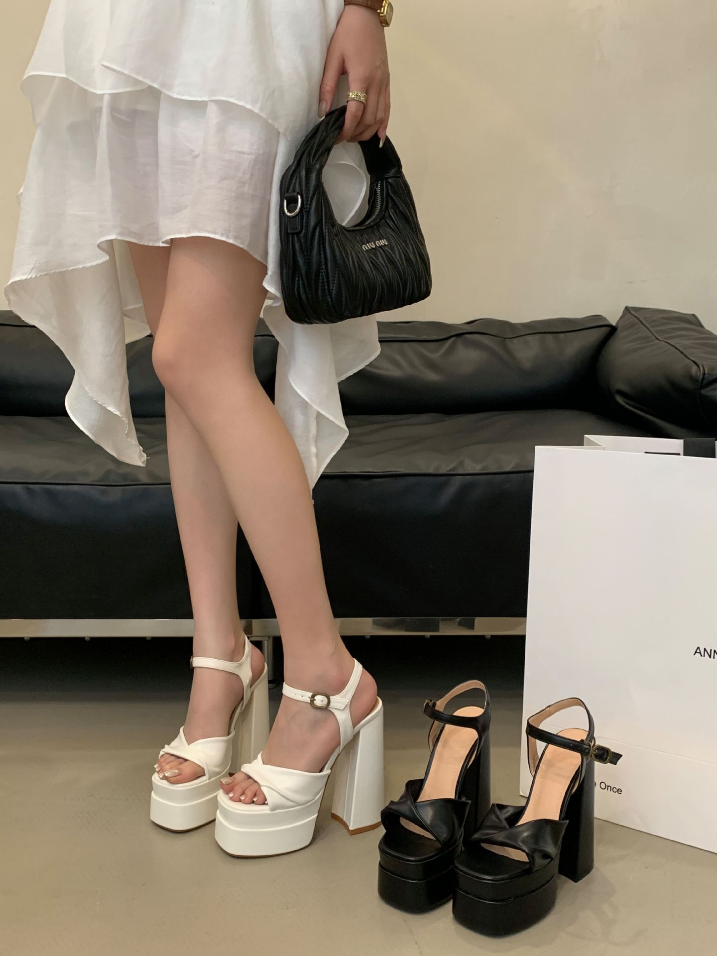 Sandal cao gót nữ quai ngang mũi vuông đế dày chống nước, gót siêu cao 9 cm — Màu đen chi tiết 2
