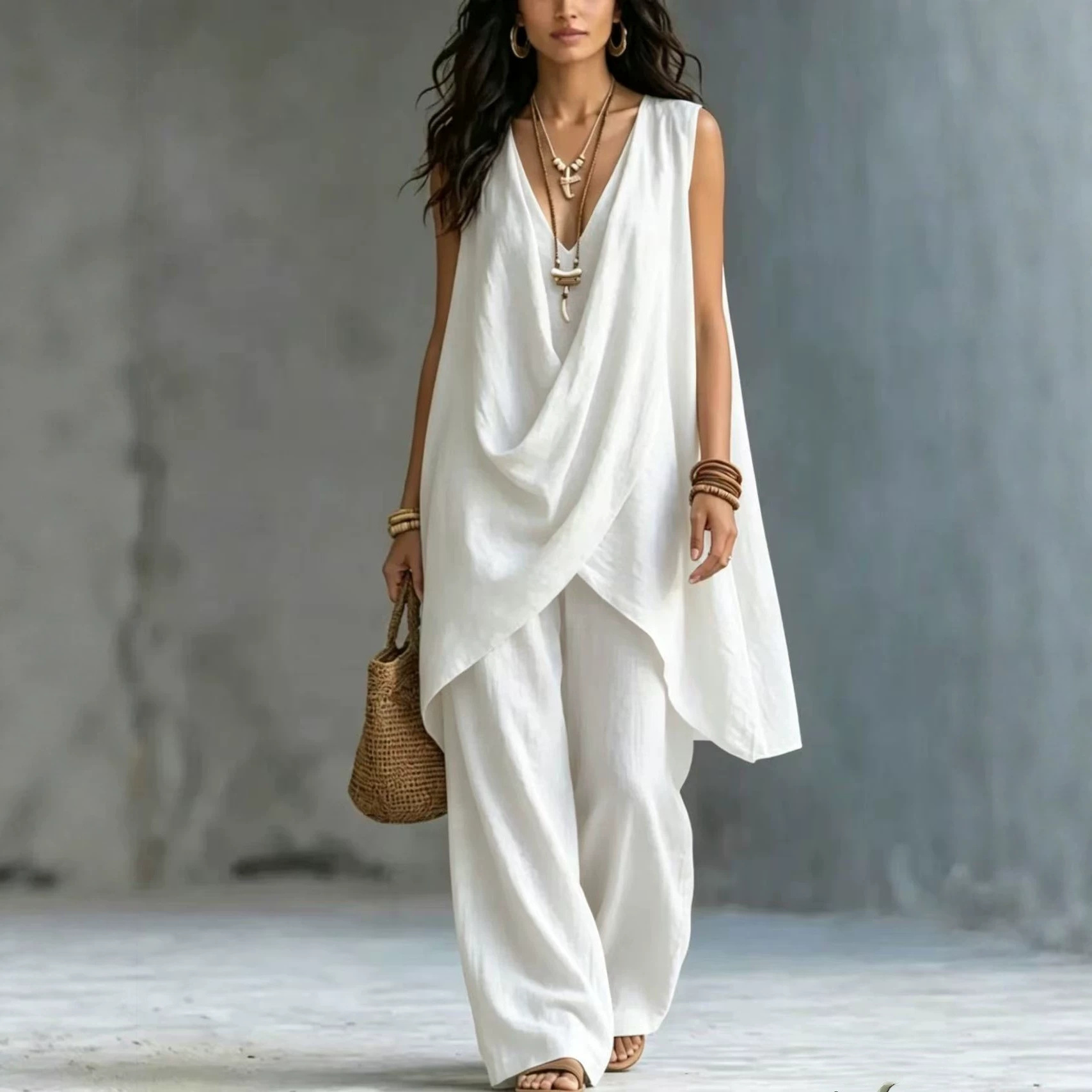Women's Sleeveless Stand Collar Solid Color Cotton Linen Suit Elegant Loose Resort Style Spring Summer_ecoleips.com