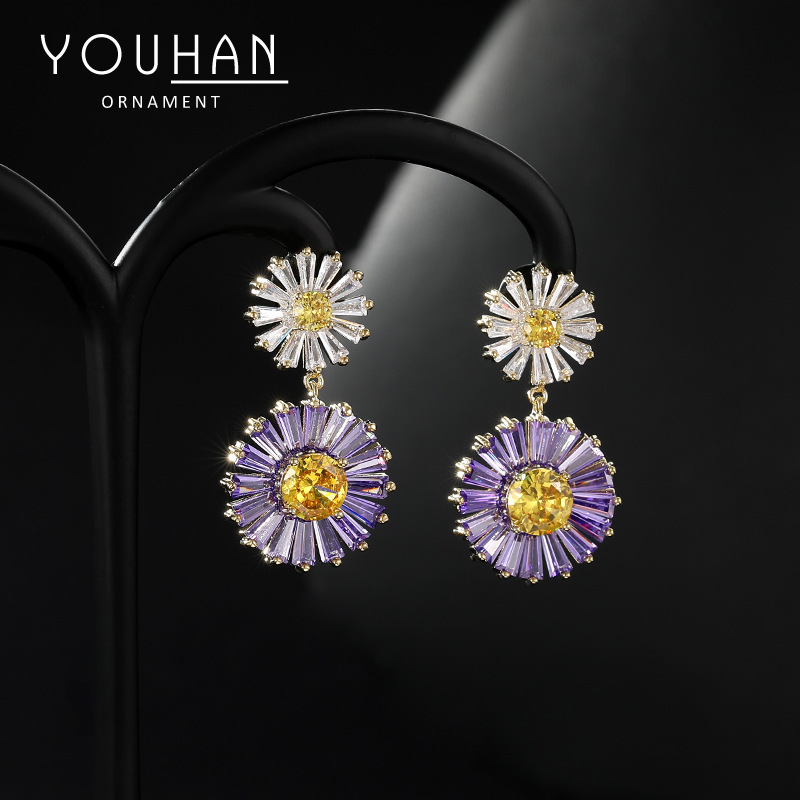 Pendientes exagerados dulces de nuevo estilo europeo y americano femenino retro azul industria pesada degradado rosa circón arco iris S925 pendientes de aguja de plata