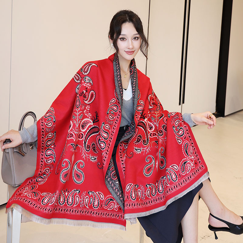 秋冬空调披肩提花仿羊绒围巾女外搭两用韩版气质长款流苏双面围脖|undefined
