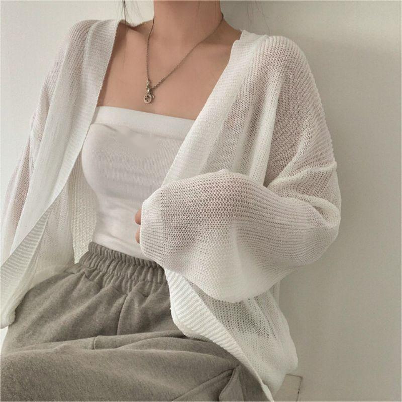 Korean-style chic Solid Color Laid-back Loose Thin Jacket All-match Summer Sunscreen Ice Silk Knitted Cardigan for Women