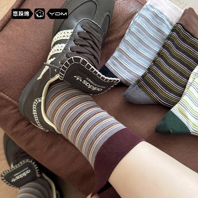 Zhuji socks for women, spring, autumn, and winter, retro mid-calf socks, Korean style, niche, artistic, color-block striped, seamless cotton socks, wholesale Zhuji socks for women, spring, autumn, and winter, retro mid-calf socks, Korean style, niche, artistic, color-block striped, seamless cotton socks, wholesale