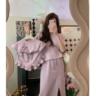 Parent-Child Summer New Mother-Daughter Family Street Suit Girls Flap Pocket Pants T-Shirt Lace Shorts Casual Suit for Women