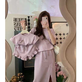 亲子装夏季新款母女亲子炸街套装女童口袋T恤花边短裤休闲套装女