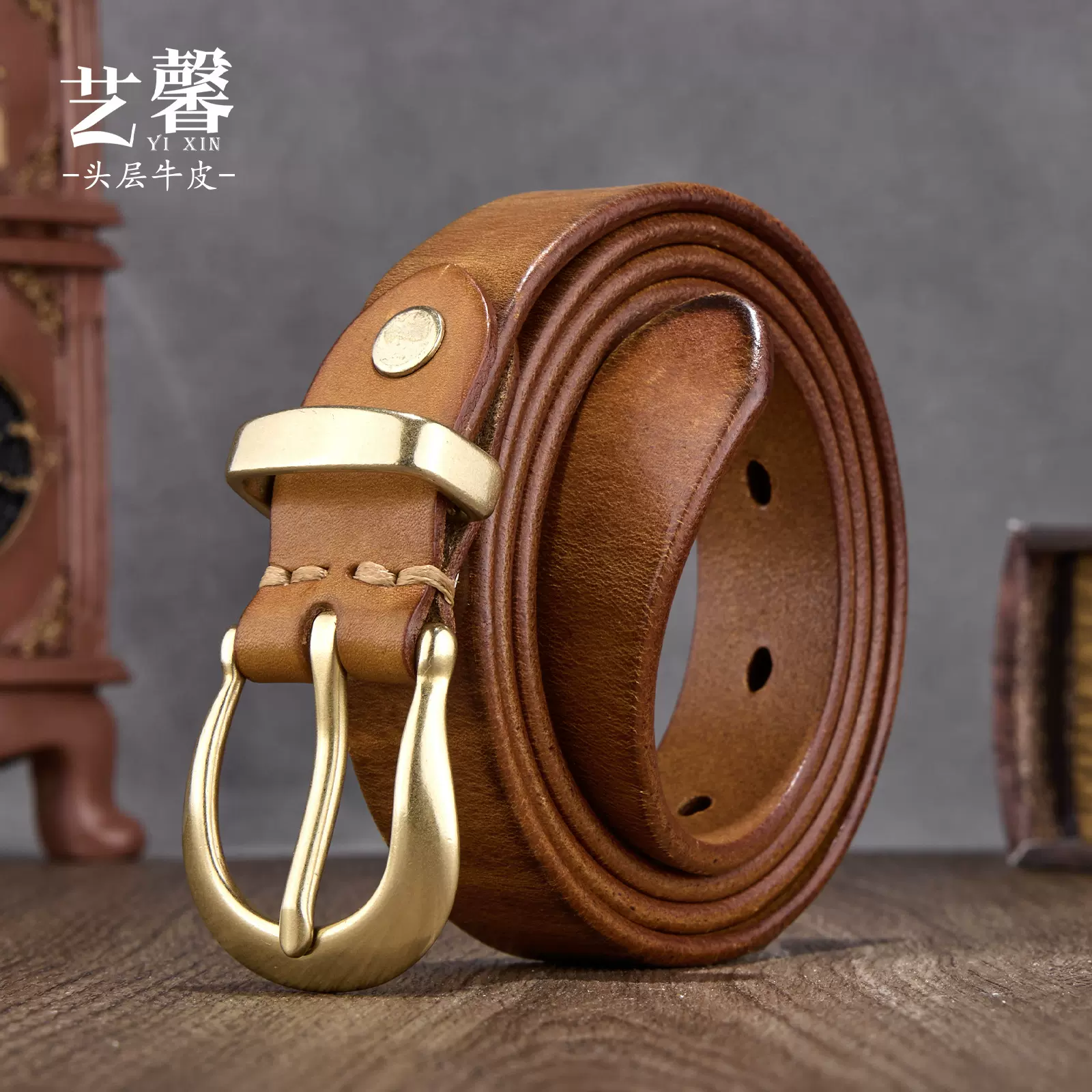 复古女士铜扣简约高档真皮手工皮带头层牛皮百搭腰带ins风针扣
