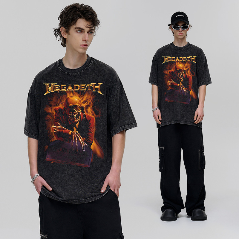 MEGADETH Rock vintage American Style Retro Washed Old Heavy Cross-border Short-sleeved T-shirt Men's Half-sleeved Trendy