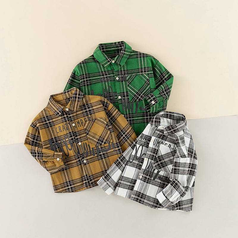 Boys' shirt autumn baby Korean plaid shirt children's long sleeved letter top autumn children's striped shirt trend