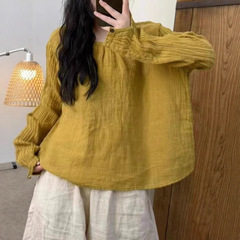古咖服饰秋季新肌理感亚麻文艺小衫女装圆领纯色长袖套头宽松上衣