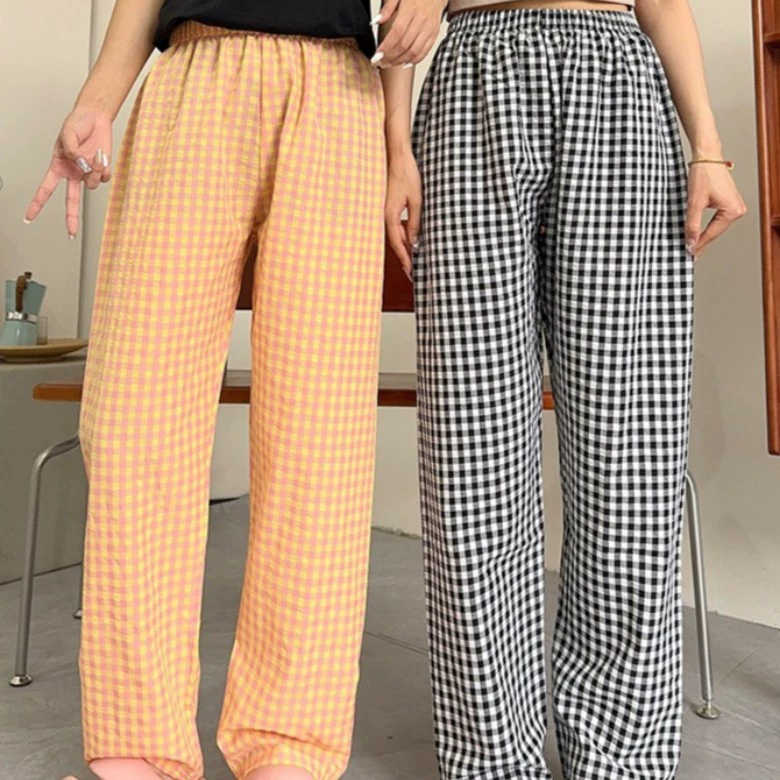 Новые клетчатые брюки женские летние тонкие ins корейские хлопчатобумажные спортивные высокие талии тонкие широкие ноги свободные повседневные пижамы
