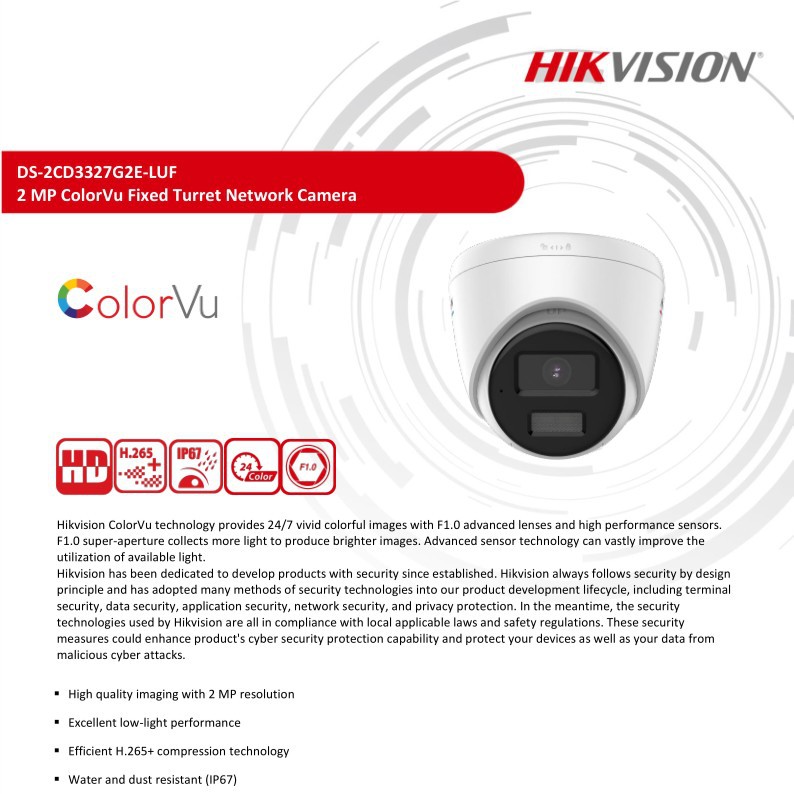 海康英文版DS-2CD3327G2E-LUF 全彩半球