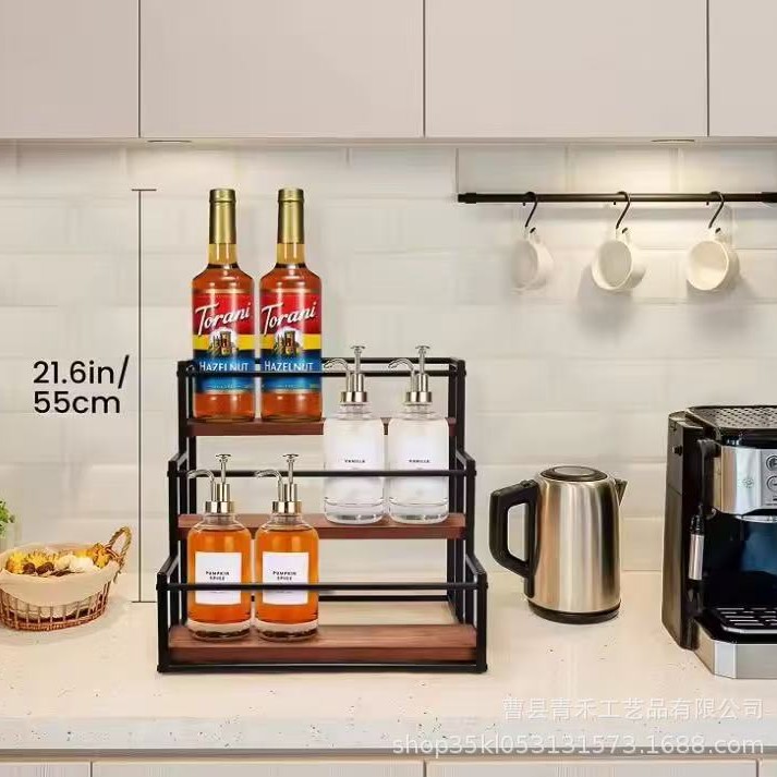 鉄芸結合多層ワイン展示棚木製厨房香料棚多目的階段式整理棚