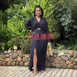 Y6002 新品欧美女装秋冬黑色休闲开衩宽松连衣裙亚马逊独立站现货