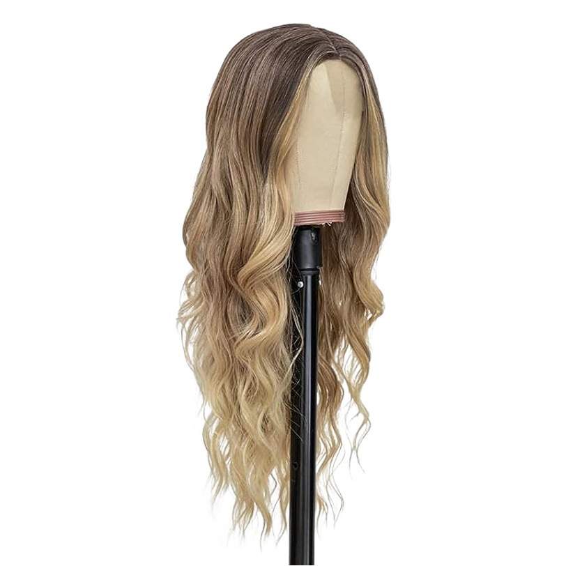 Transfronterizo europeo y americano gradiente de oro largo rizado peluca de las mujeres pequeña peluca de encaje fibra química tocado pelucas de encaje al por mayor