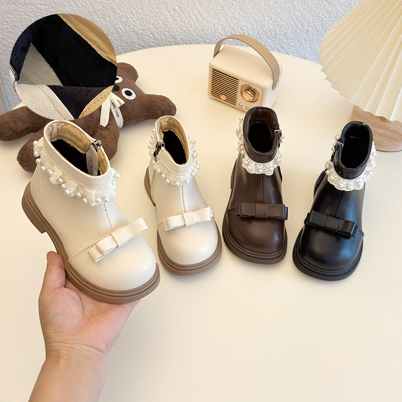 Children's Short Boots 2025 Winter New Style Girls British Style Boots Pearl Lace Lolita Style Plus Suede Leather Boots