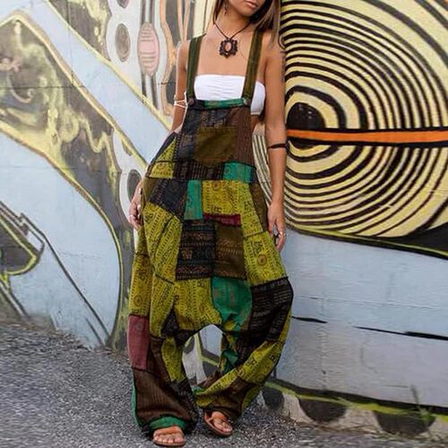 Women's Bohemian Patchwork Ethnic Print Sleeveless Loose Hemaran Pocket Onesie
