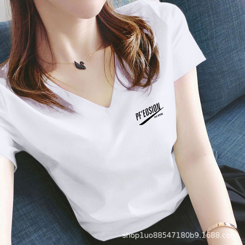 Fat mm New Spring & Fall Korean Style V Neck Loose Short-Sleeved T-Shirt Female Students Casual Bottoming Shirt Versatile Top Shirt