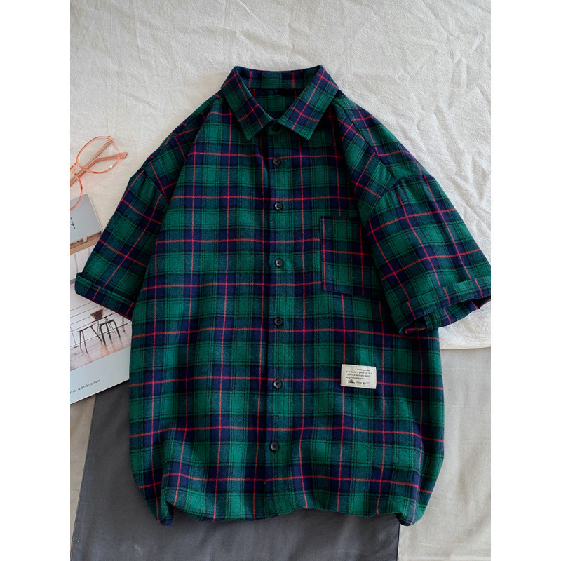 Camisas de manga corta a cuadros para hombres de verano nuevo estilo suelto marca de moda camisa de media manga americana chaqueta casual retro