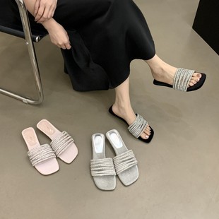 French-Style Rhinestone Open-Toe Slide Sandals for Women, New Korean Version with Soft Soles for Summer 2025