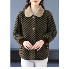 新款妈妈女装条纹韩国绒翻领纽扣开衫上衣妈妈秋冬装针织衫外套