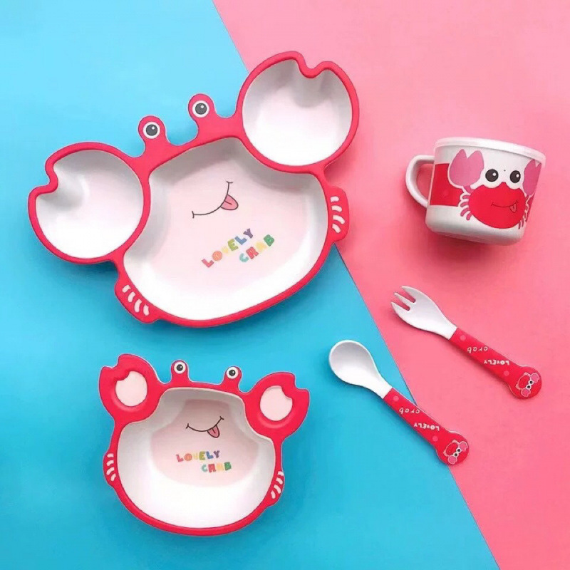만화 대나무 섬유 어린이 식기 세트 가정용 빨판 그릇 아기 분할 접시 이유식 스푼 컵