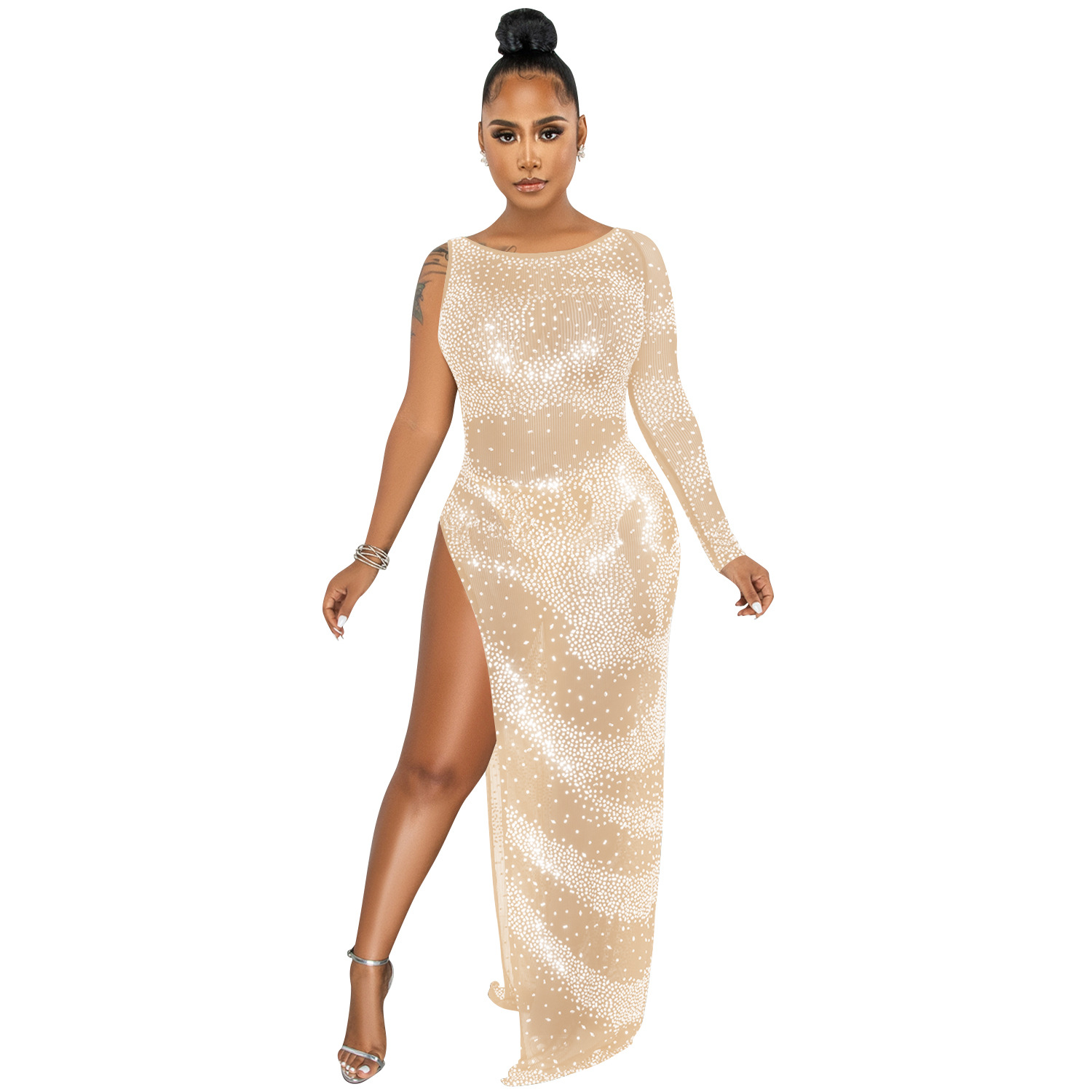 X5622 AliExpress Amazon moda sexy discoteca perforación caliente solo manga larga irregular split vestido image 7