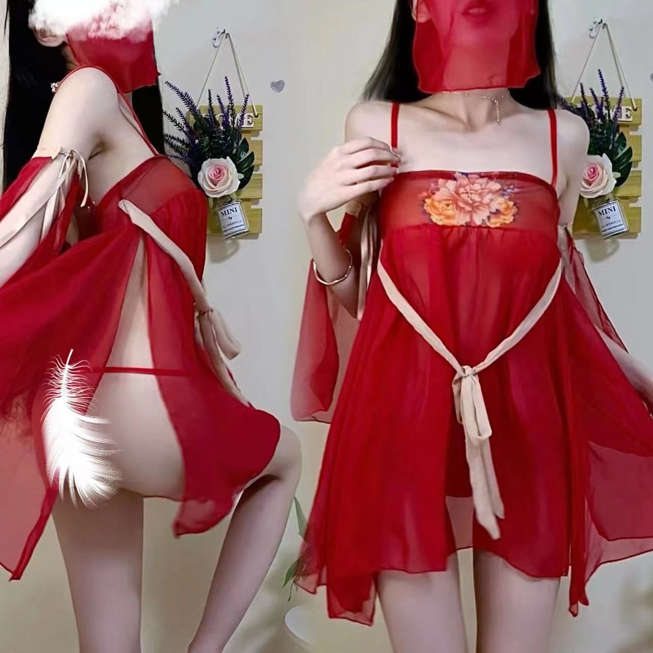Retro Palace-Style Hanfu Lingerie Set with Veil, Tube Top and Briefs — detail image 9