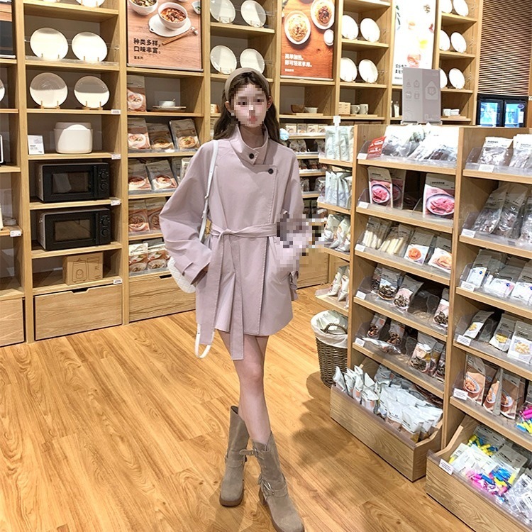 中长款粉色立领风衣外套女秋季法式复古气质显瘦感大衣|undefined