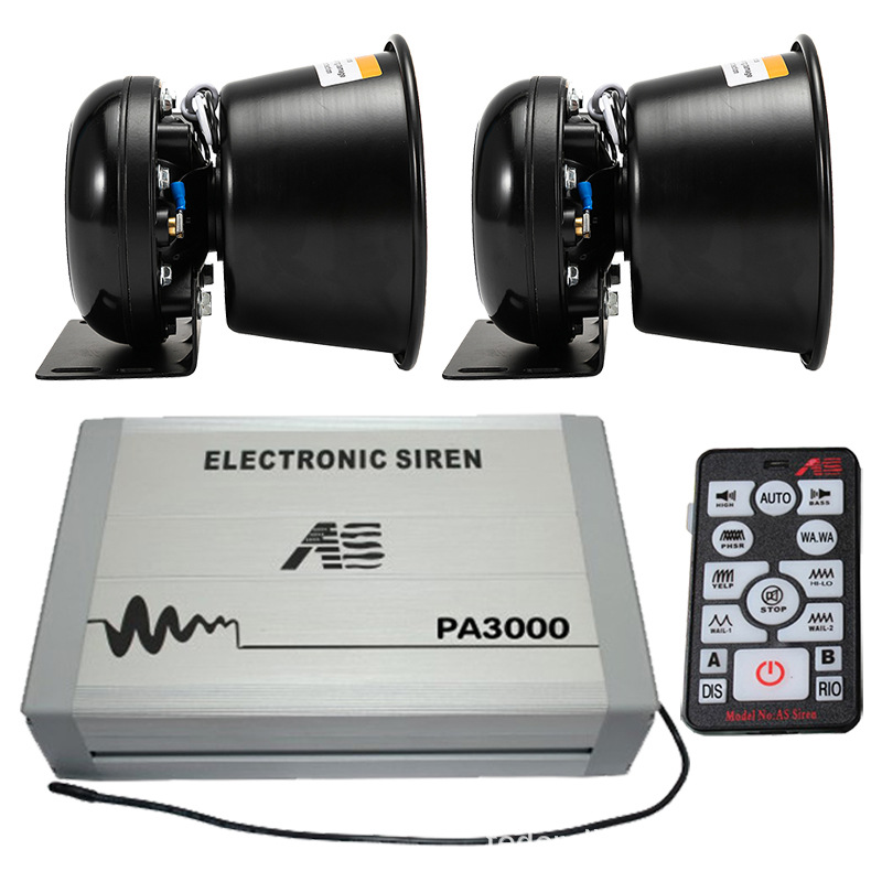 PA3000E Vehicle-mounted Electronic Siren and Loudspeaker, 12V/24V, Wireless Remote Control, High-Pitched Siren + Black Horn