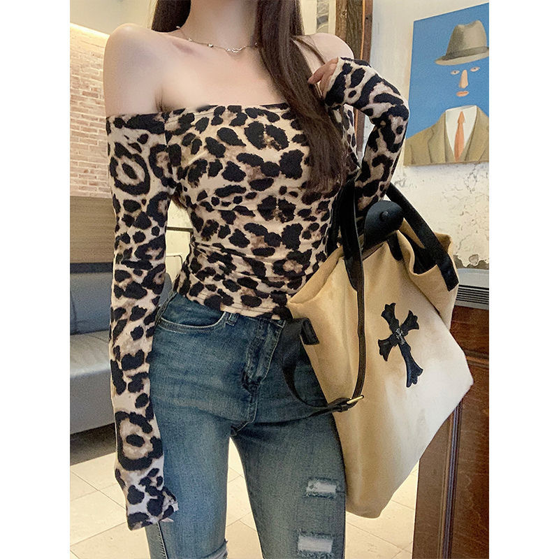 Pure quiere pellizcar la cintura delgada chica caliente americana estampado de leopardo hombro corto primavera y verano camiseta delgada camiseta de manga larga camiseta para mujeres image 1