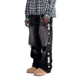 Trendy All-match Washed Distressed Black Diamond Denim Trousers for Men and Women 2025 Cross-border Foreign Trade Personalized Street