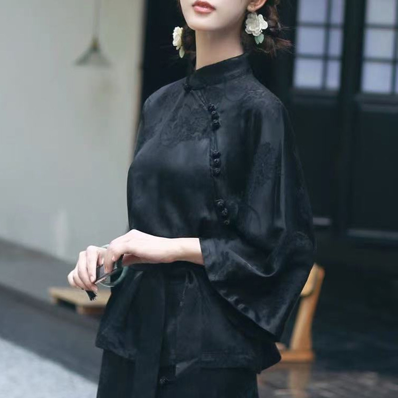 Black Tang Suit for Young Women, Chinese Style, New Chinese Tea Suit, Button-Up Top, Buddhist Zen Layman Suit, Trendy Retro