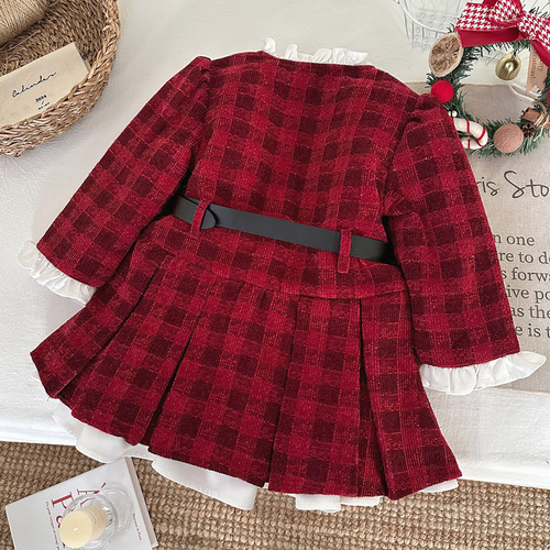 Little Girl's Plaid Long-Sleeve Dress 2025 Autumn Winter Princess Dress for Young Children with Lace Waist Cinch and Fleece