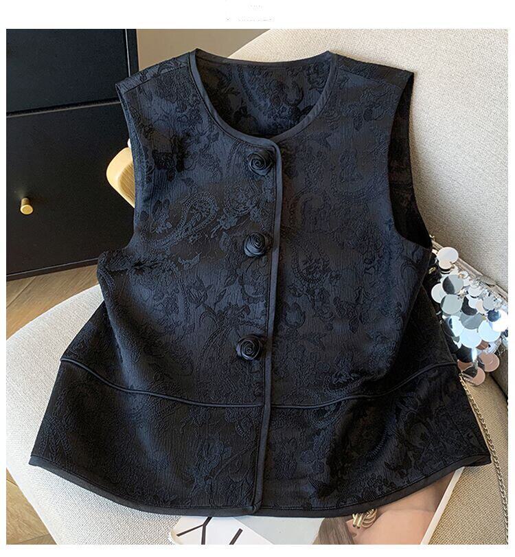 Áo ghi lê nữ dáng cardigan không tay họa tiết hoa jacquard, dài áo 50–65 cm — màu đen chi tiết 2