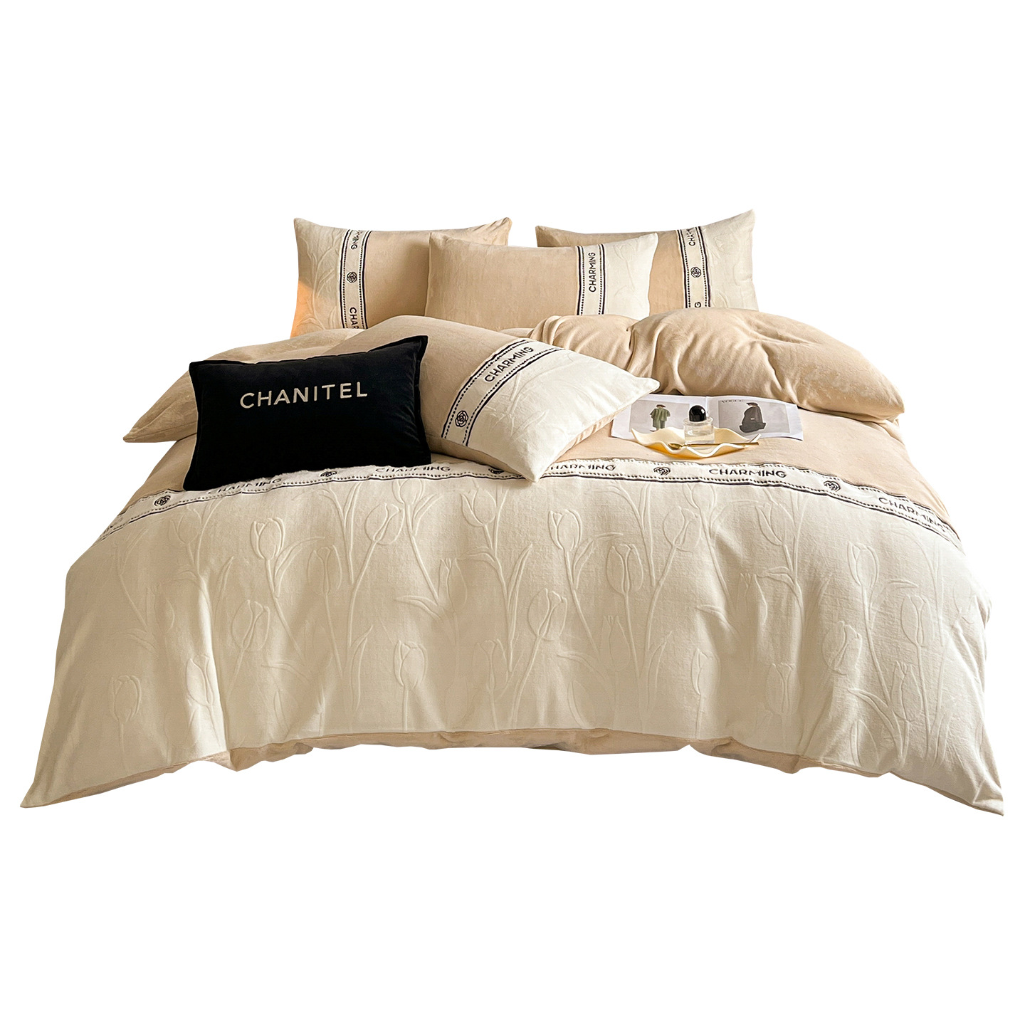 Otoño y invierno tallado de leche de lana de cuatro piezas lujoso lujoso de alto grado engrosado colcha de cama de lana de coral brida