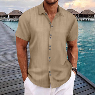 Cross-Border Amazon's New Men's Knitted Bamboo Imitation Linen Jacquard Casual Multi-Button Loose Short-Sleeved Shirt Men's Cardigan