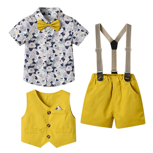 Korean style short-sleeved boys' shirt with suspenders and shorts suit  summer children's vest flower cardigan retro suit