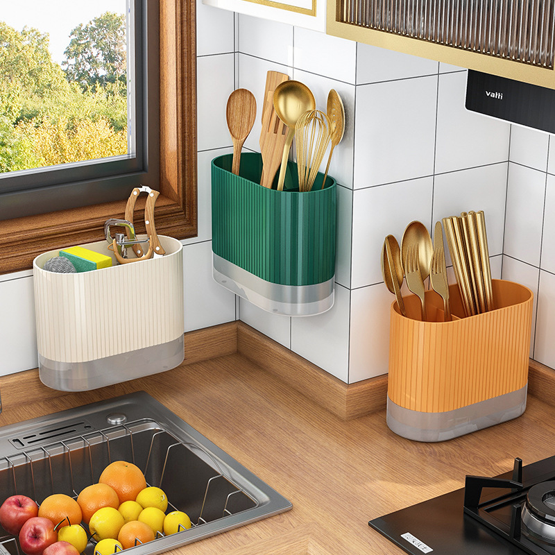 Wall-mounted bamboo utensil holder without drilling, draining chopstick and spoon stand, home use, Nordic style utensil and knife storage rack