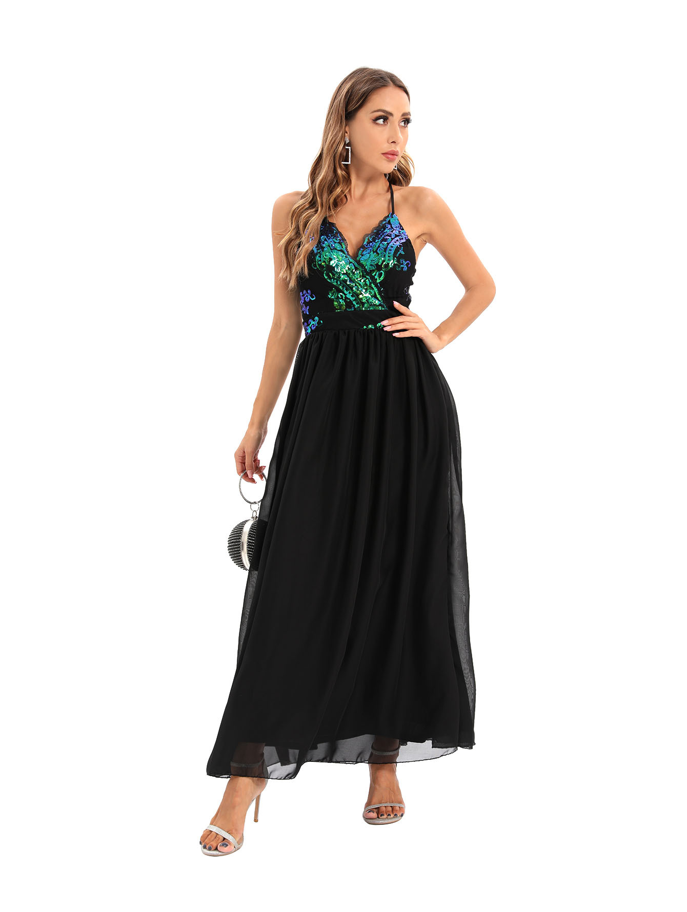 Sequined Backless Spaghetti Strap Maxi Dress