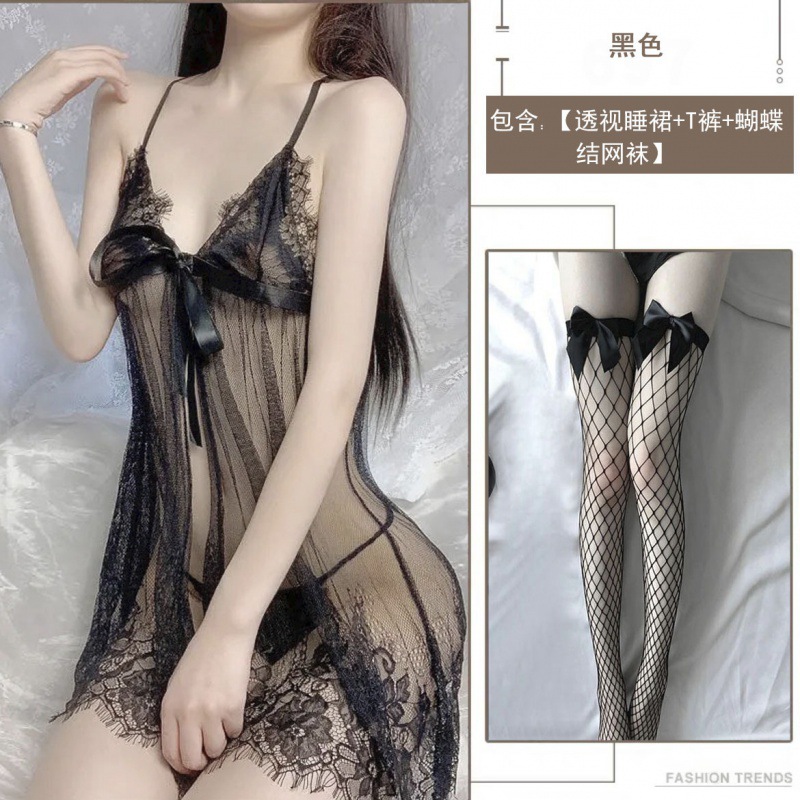 블랙 [시스루 나이트가운 + T팬츠 + 나비망사스타킹]