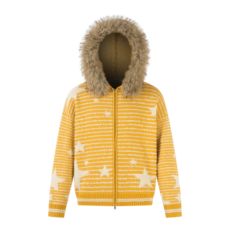 Bf.Borfend/Baifeng American Retro Striped Star Hooded Sweater Thick Coat Women's Cardigan Autumn and Winter Knitwear Bf.Borfend/Baifeng American Retro Striped Star Hooded Sweater Thick Coat Women's Cardigan Autumn and Winter Knitwear