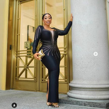 跨境新品亚马逊INS欧美女装性感夜店聚会长袖烫钻连衣裙修身绷带