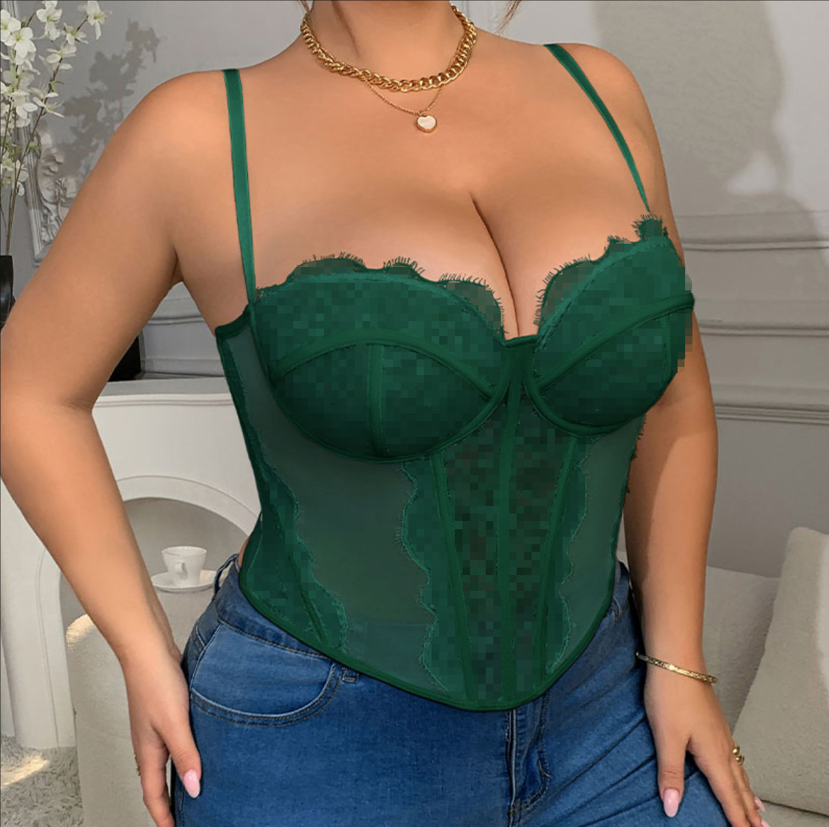 Plus Size Lace Embroidered Fishbone Halter Top Backless Corset_voghion.com