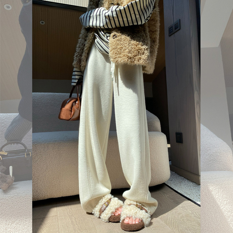 White Acetate Wool Wide-Leg Pants for Women, Autumn and Winter New Style, Fleece-Lined, Thickened, Soft Sweatpants, Straight-Leg Scimitar Sports Pants