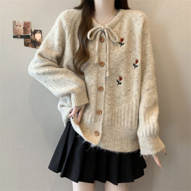 温柔风甜美绣花毛衣外套女秋冬2025新款韩系蝴蝶结针织开衫上衣服|undefined