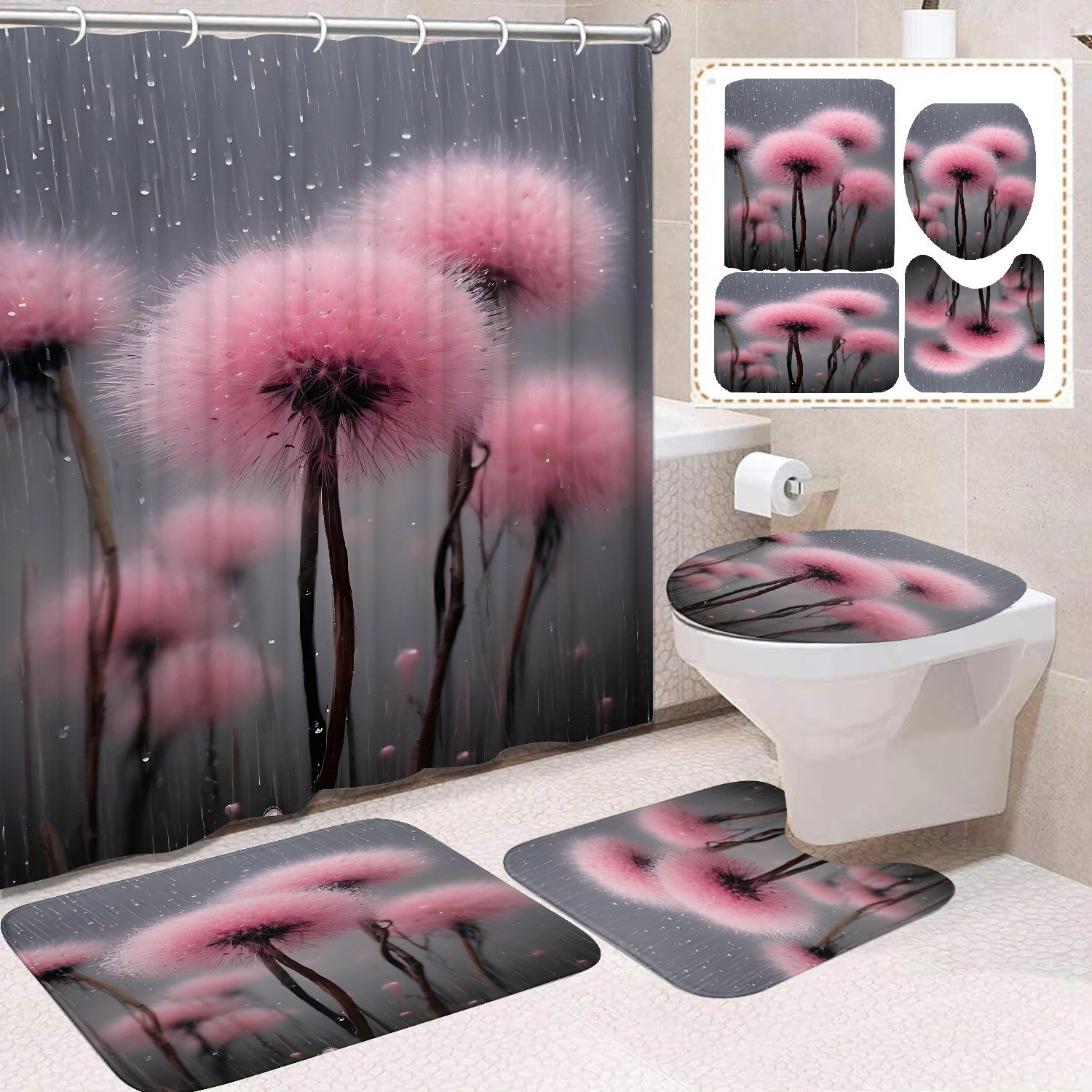 Flor blanca cortina de baño inodoro cortina de partición impermeable de baño cortina de lavado separación seca y húmeda cortina de puerta colgante sin agujeros