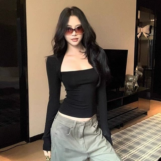 高级感纯欲黑色方领长袖T恤女秋季内搭打底衫小个子修身打底上衣