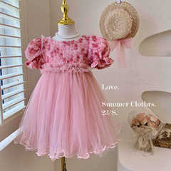Girls Dress Summer Dress 2024 New Three-dimensional Rose Mesh Korean Style Baby Dress Children's Princess Dress