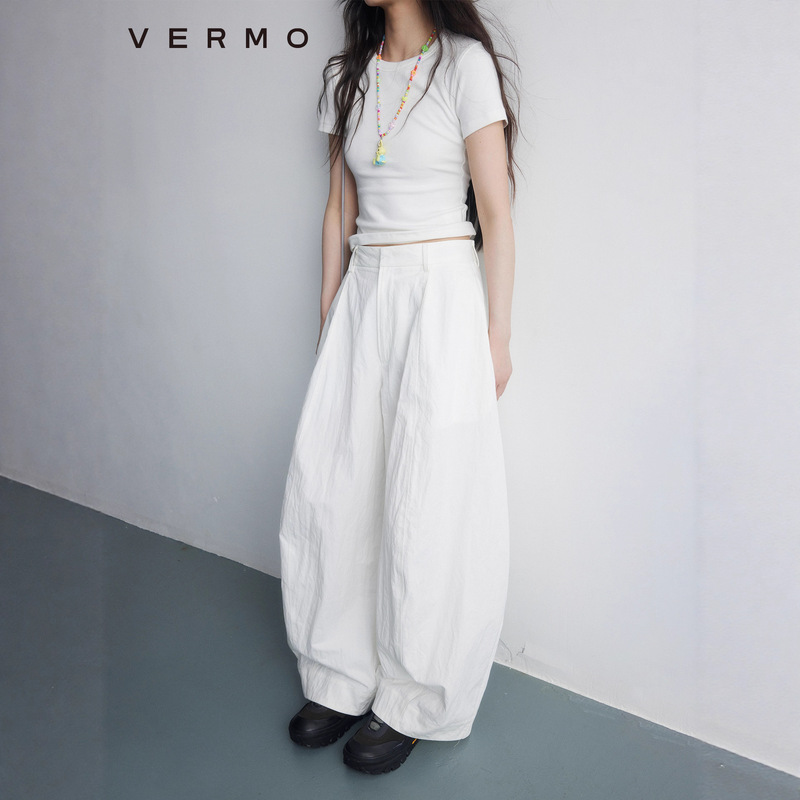 Vermo Spring and Summer Needed White Pants Salt-Wrinkled Cotton Crisp Stylish Three-Dimensional Casual Silhouette Watermelon Pants