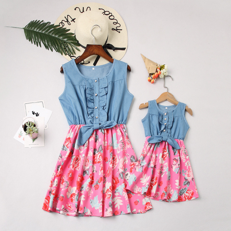 Summer Children Sleeveless Girl Denim Floral Dressesitching Skirt