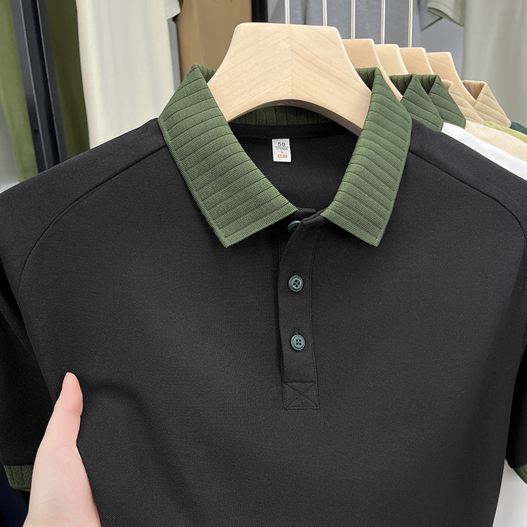 2025 Summer Business Casual Saddle Shoulder Design Men's Short Sleeve Lapel T-Shirt with Trendy Color Block Design